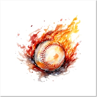 Flamming Baseball Watercolor Posters and Art